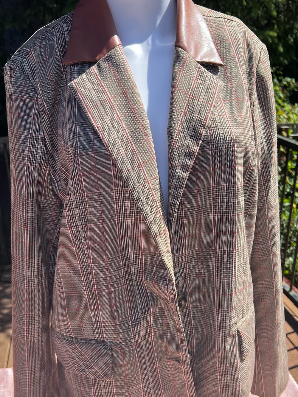 Steve Madden Brown Plaid Blazer with Brown Faux-Leather Collar. Size L.